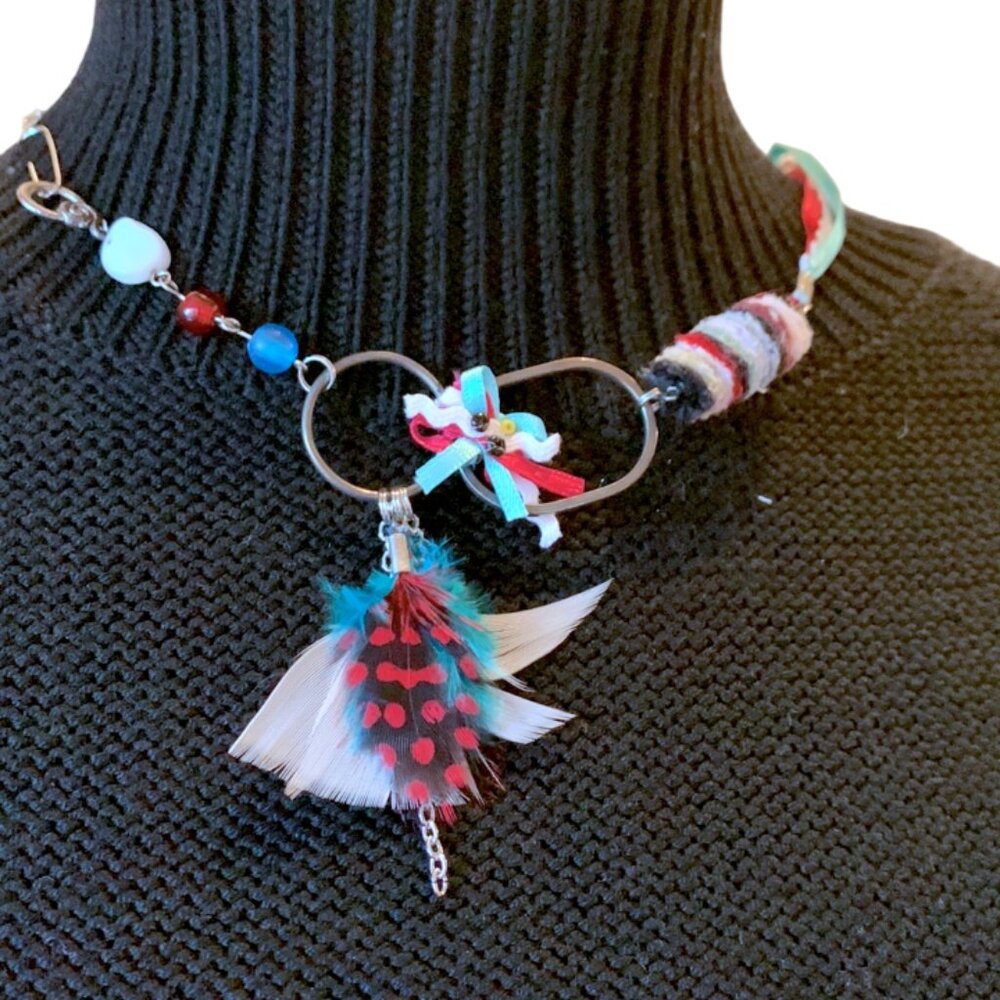Handmade - Multicolor Ribbons beads Necklace - feathers- short